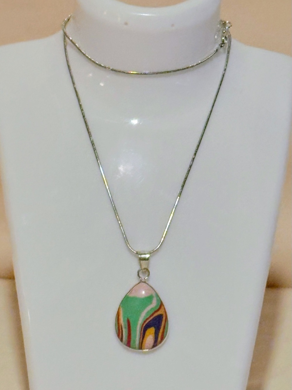 Sterling Silver Calsilica Multicolor Teardrop Pendant Necklace - 18”